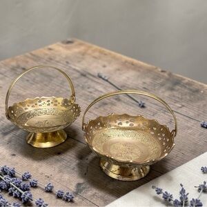 Vintage Handcrafted Brass Pooja Basket –  Jali Cut-Work Offering Bowl  Set of 2